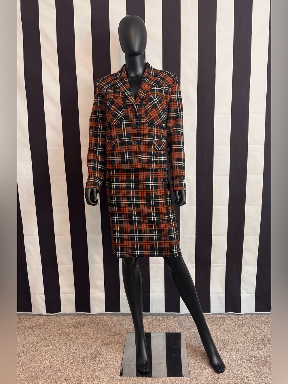 Cropped Plaid Blazer Jacket in Orange and Black with Skirt Set